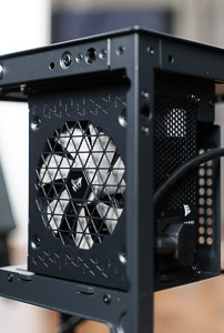 "The Corsair SF850 Platinum installed with its fan set to intake"