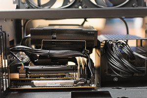 "Side view of the Dark Rock TF 2, heat-pipes clearance over VRM, and view of the front I/O panel's cables."