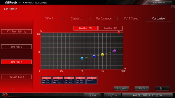 "The top and bottom _Arctic P12_ chassis fans are connected to the CPU2 and Chassis connectors respectively, and share this quiet fan curve."